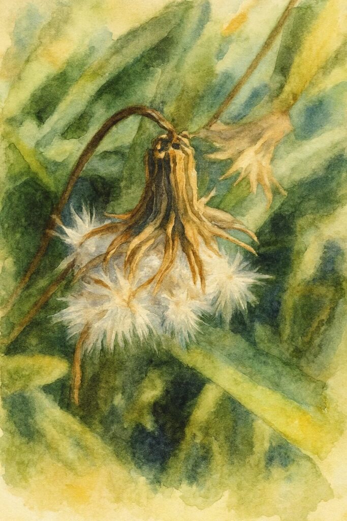 ガザニアの枯れた花と綿毛を描いた水彩画風イラスト　柔らかな筆致で表現された種子と葉の質感が特徴