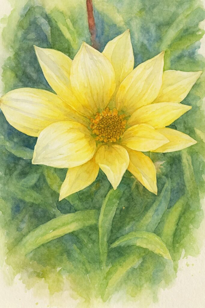 黄色いガザニアを真上から描いた水彩画風イラスト。柔らかなタッチで花心と花びらの質感を繊細に表現している