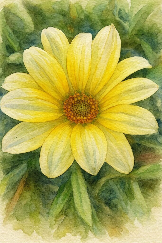 黄色いガザニアの花を真上から描いたプロレベルの水彩画風イラスト