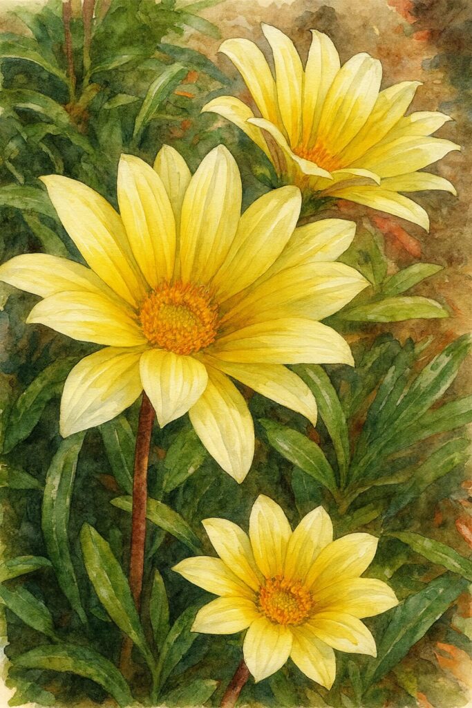 淡い黄色のガザニア2輪を描いた水彩画風イラスト。緑の葉の前で柔らかい光に包まれるボタニカルアート