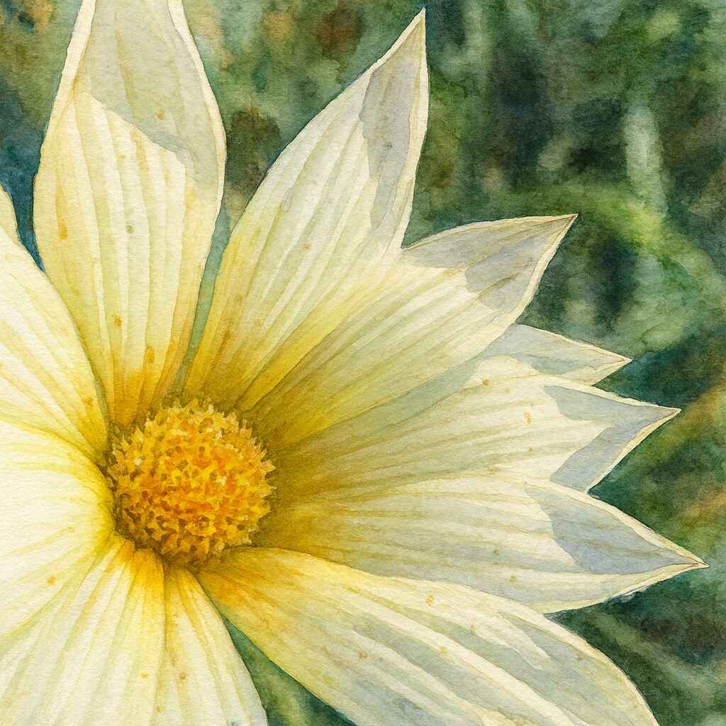 白に近い淡黄色のガザニアを精密に描いた水彩画風イラスト。中心の花盤と繊細な花びらの陰影がやわらかく表現されている