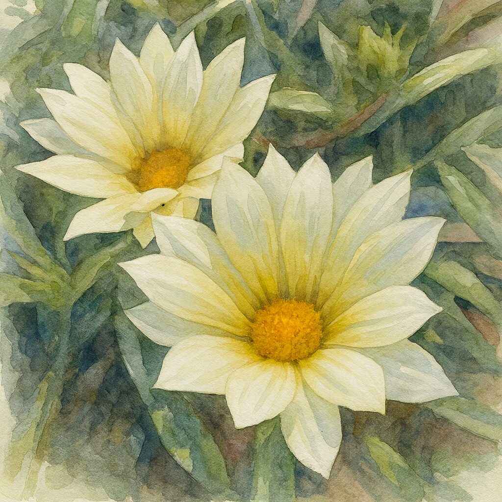 淡い黄色のガザニアが2輪咲く様子を柔らかい筆致で描いた水彩画風イラスト