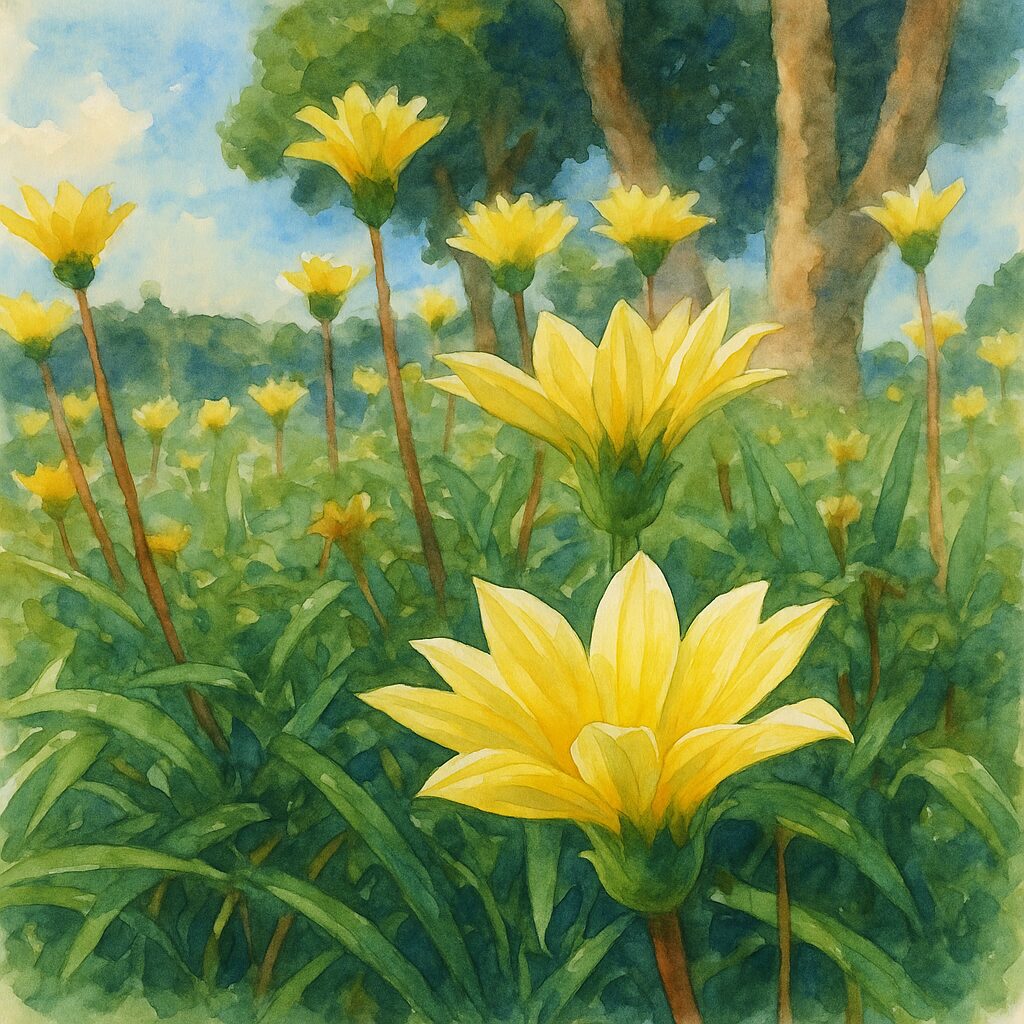 青空の下で咲く黄色いガザニアを柔らかなタッチで描いた水彩画風イラスト
