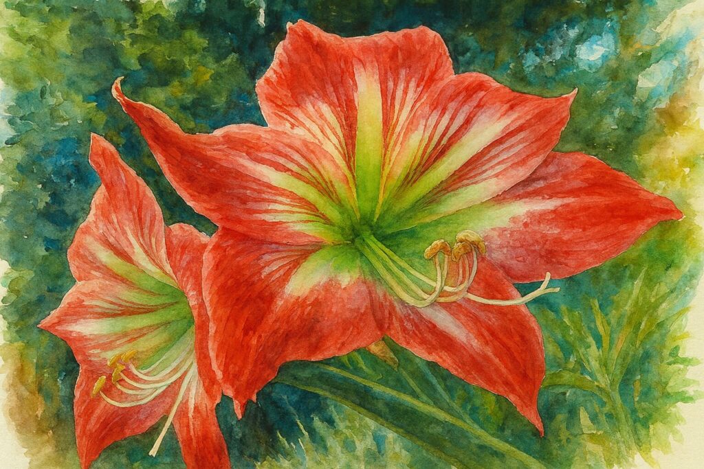 赤と白のストライプ模様のアマリリスを柔らかい筆致で描いた水彩画風イラスト