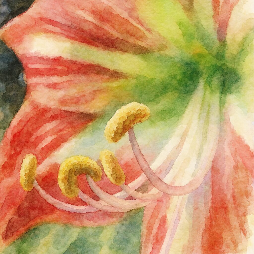 アマリリスのおしべを中心に描いた水彩画風のマクロイラスト。赤と白の花びらと柔らかな緑のにじみが印象的
