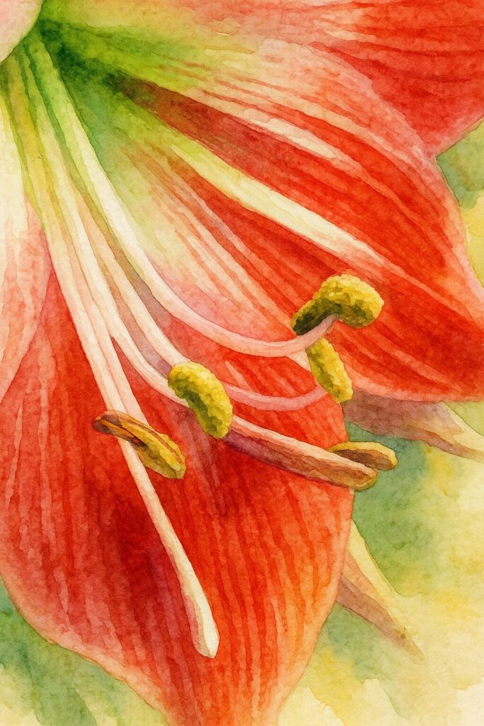 アマリリスのおしべと赤い縞模様の花びらを柔らかな筆致で描いた水彩画風マクロイラスト