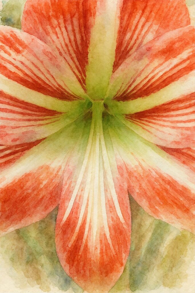 赤と白のストライプ模様が特徴的なアマリリスの中心部を柔らかく描いた水彩画風イラスト