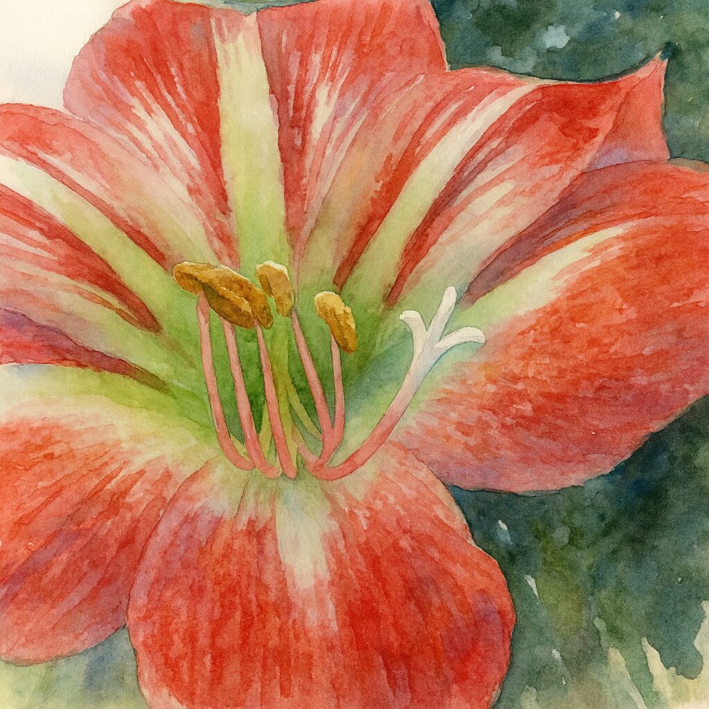 下から見上げたアマリリスの赤と白の花びらと立体的なおしべを柔らかく描いた水彩画風イラスト