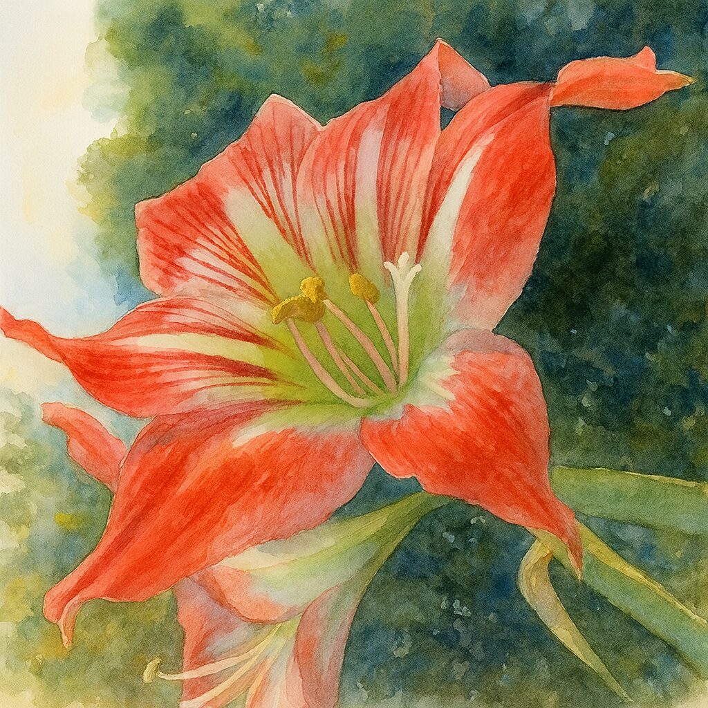 赤と白のストライプ模様のアマリリスを下から見上げる構図で描いた柔らかな水彩画風イラスト