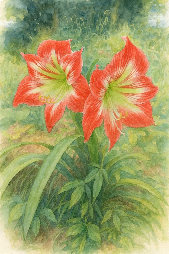 赤と白のストライプ模様のアマリリスが2輪並んで咲く姿を柔らかな筆致で描いた水彩画風イラスト