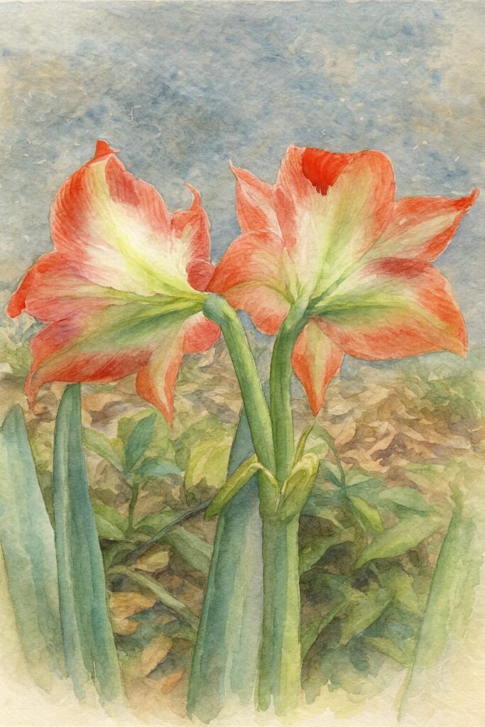 後ろ姿のアマリリス2輪を柔らかな筆致で描いた水彩画風イラスト。赤と白の花びらと緑の茎が印象的