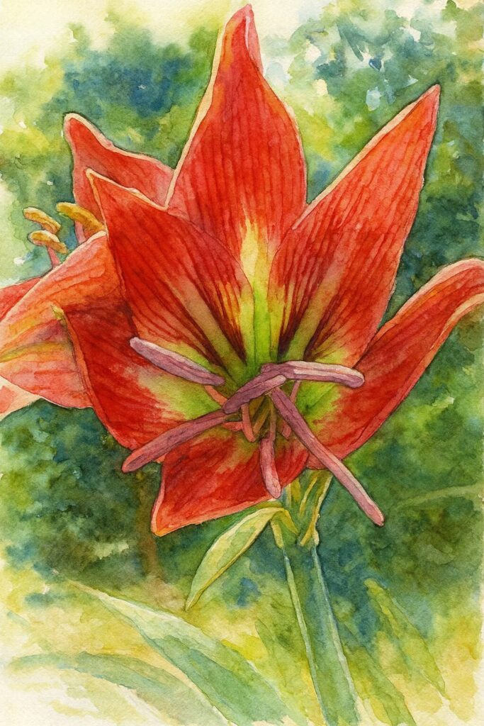 赤い縞模様のアマリリスを下から見上げる構図で描いた柔らかな水彩画風イラスト
