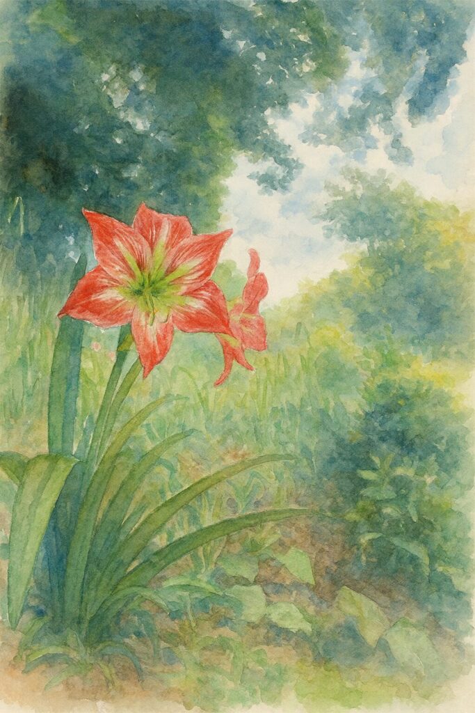 草地に咲く赤いアマリリスを中心に、森と空を柔らかく描いた水彩画風イラスト