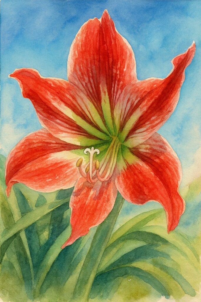 青空を背景に赤い縞模様のアマリリスを柔らかな筆致で描いた水彩画風イラスト