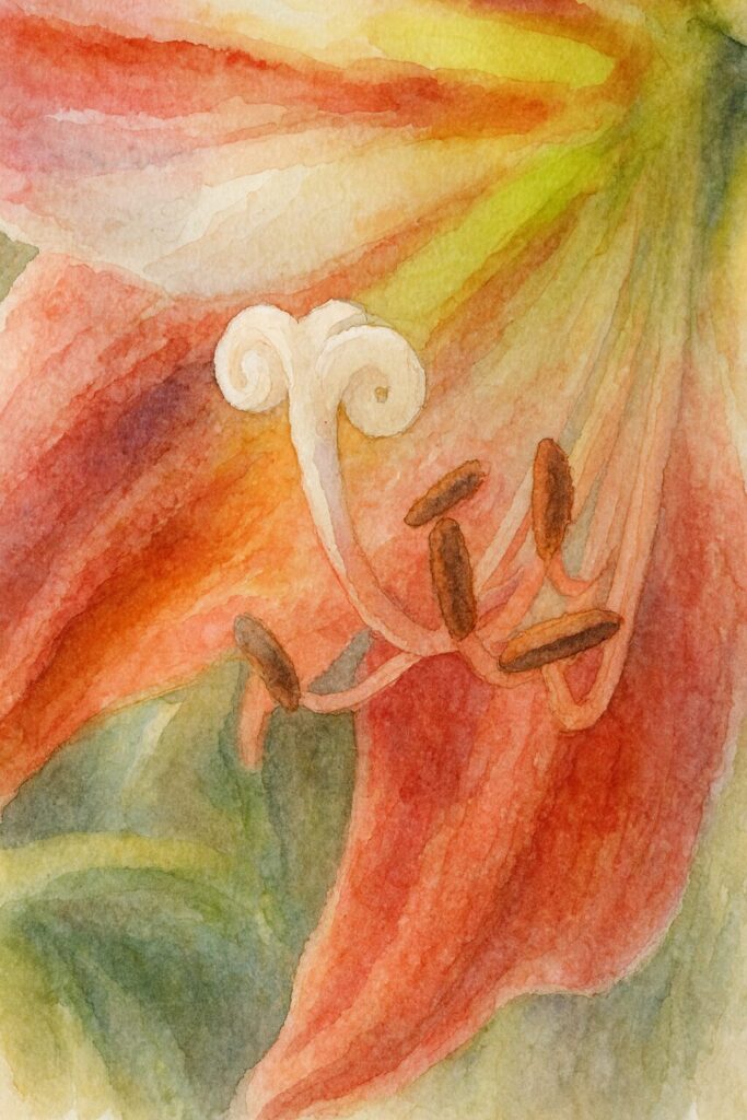 赤と白のアマリリスを水彩画風に描いたイラスト。巻いた白い雌しべと雄しべを強調したマクロ構図のボタニカルアート