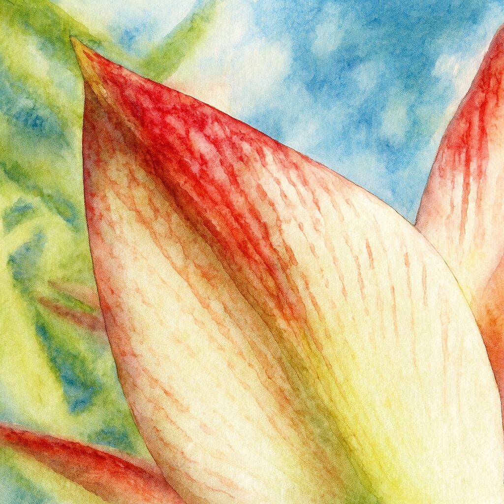 青空を背景にアマリリスの赤い縞模様の花びらを柔らかな筆致で描いた水彩画風イラスト