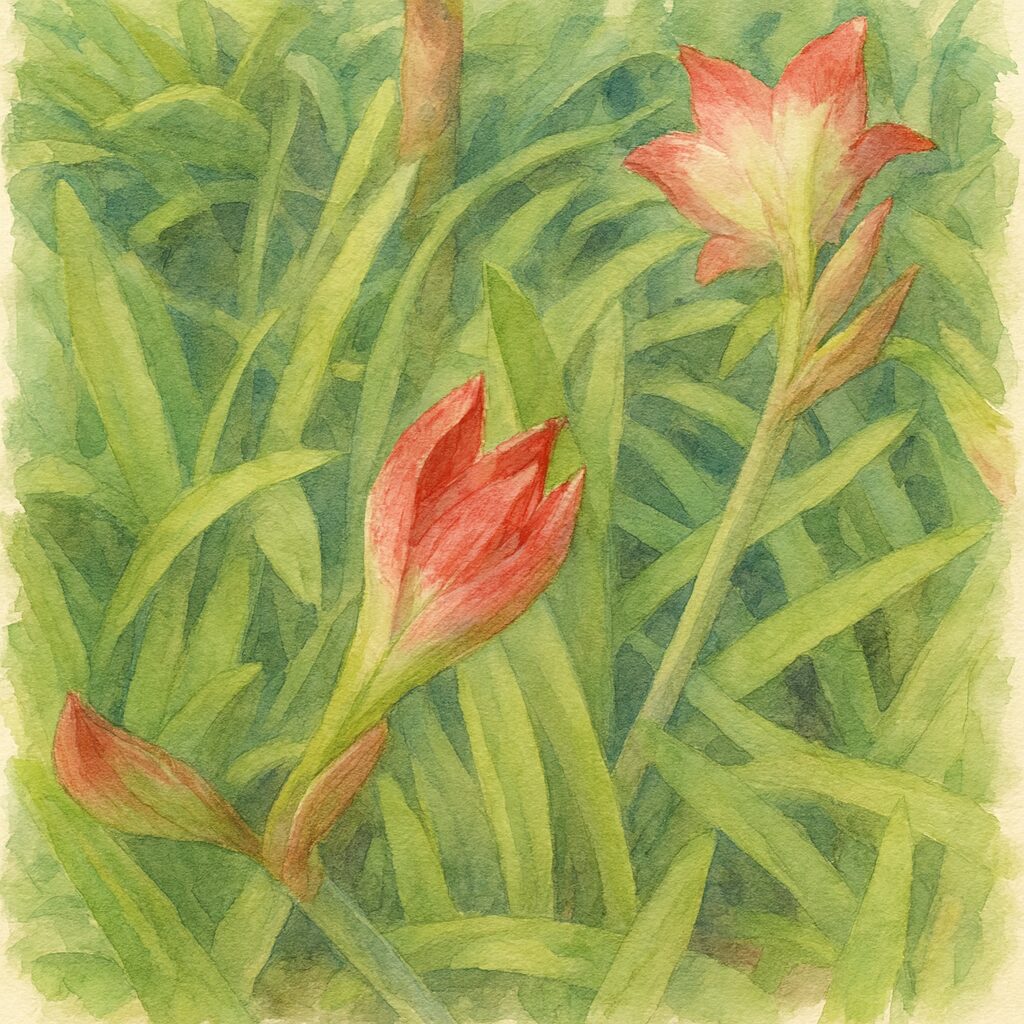 アマリリスの蕾と咲き始めの花を緑の葉の中に描いた柔らかな水彩画風イラスト