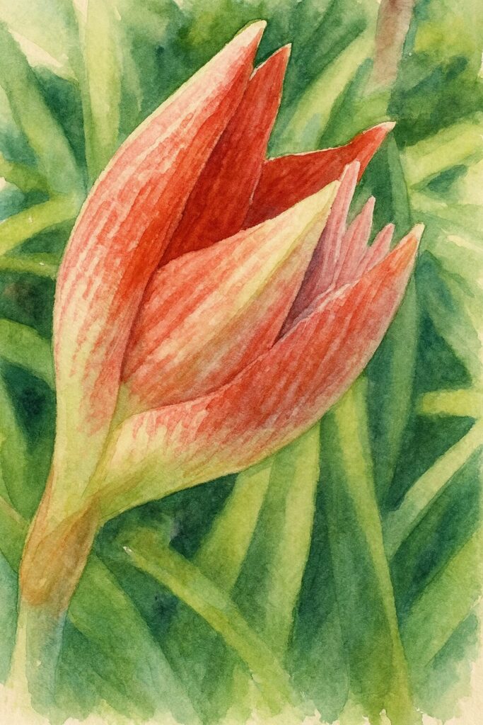 アマリリスの赤い蕾を柔らかな筆致で描いた水彩画風の接写イラスト