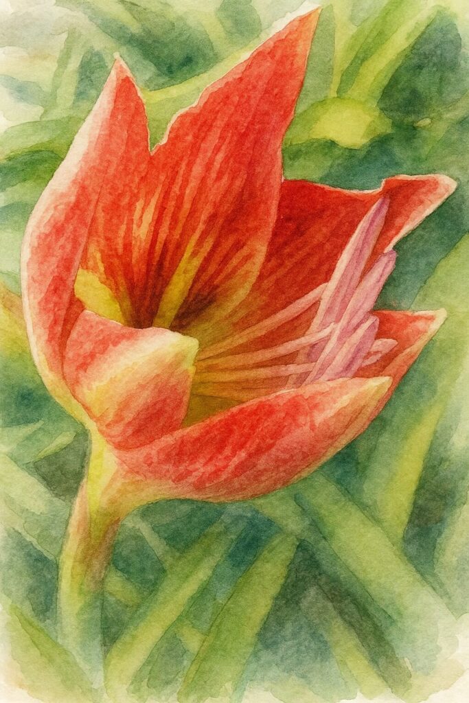 開き始めたアマリリスの赤い蕾を柔らかい筆致で描いた水彩画風の接写イラスト