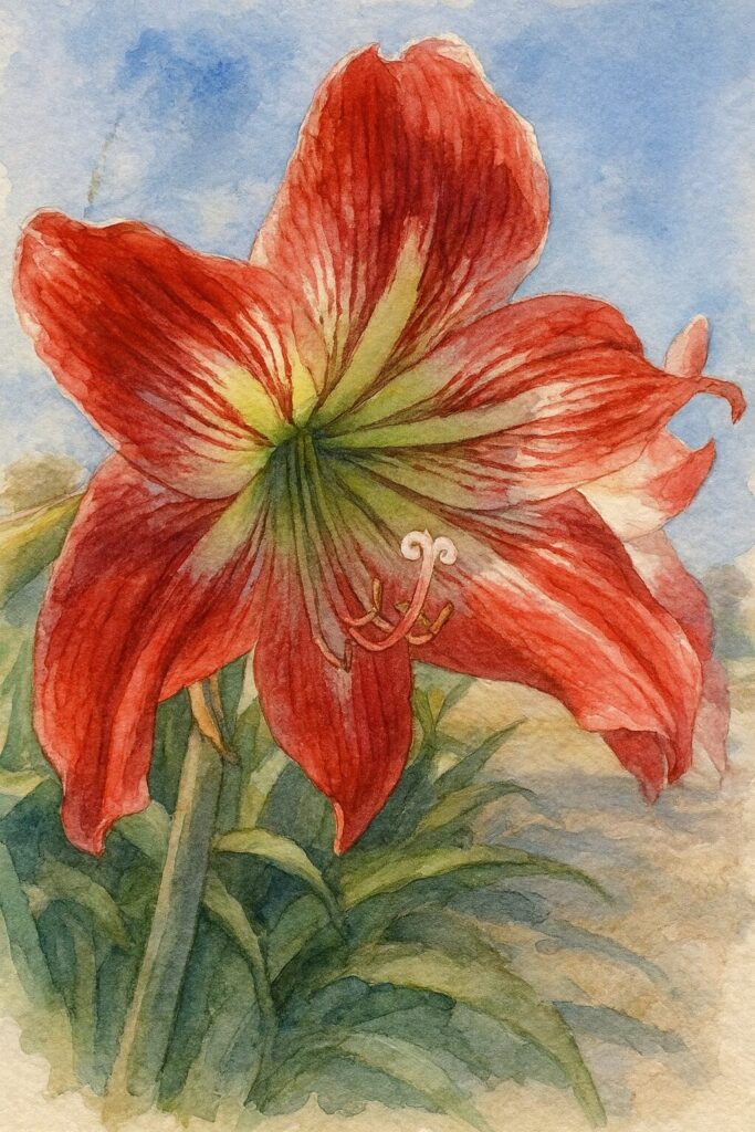 青空を背景に赤い縞模様のアマリリスを柔らかい筆致で描いた水彩画風イラスト
