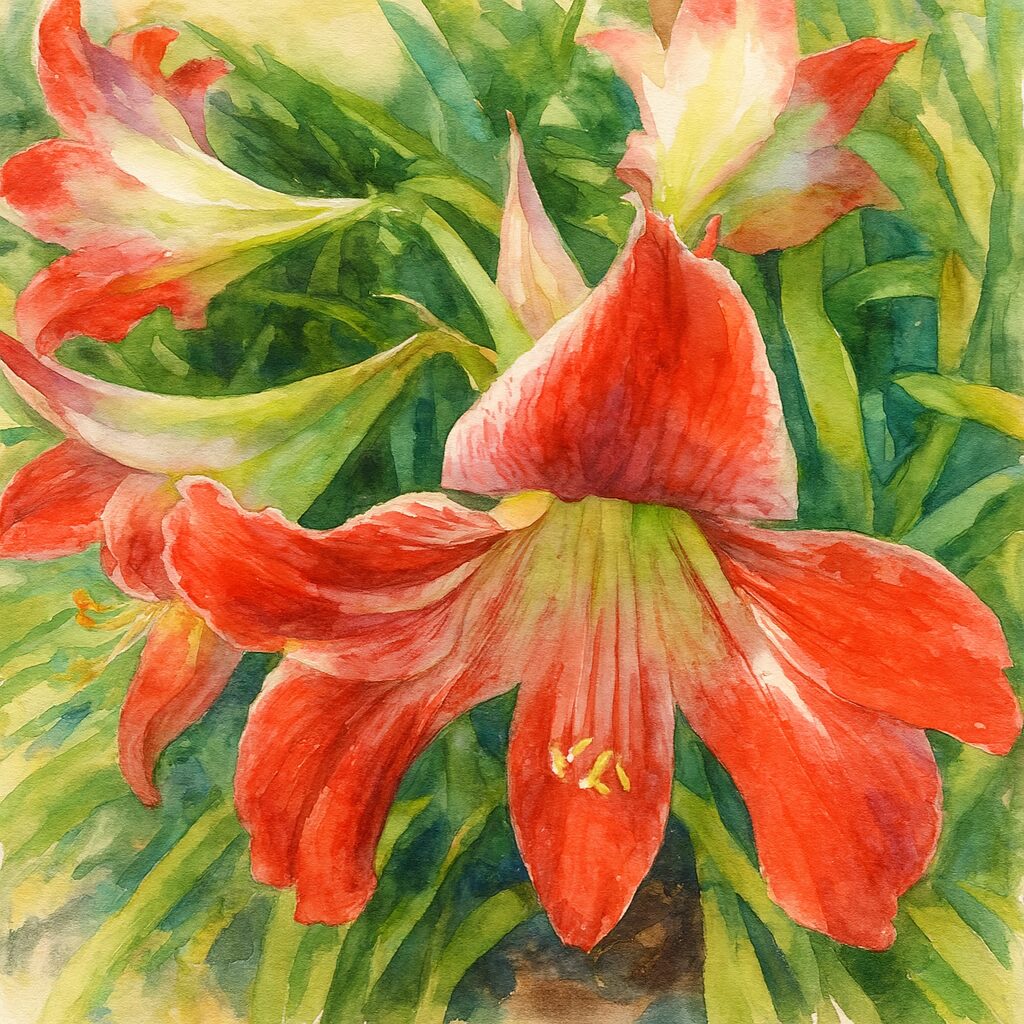 赤と白のアマリリスが群生する様子を描いたプロレベルの水彩画イラスト。花びらの質感と鮮やかな色彩を丁寧に表現したボタニカルアート