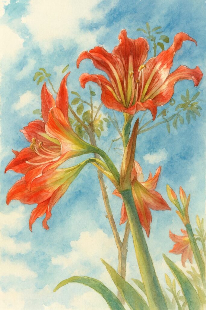 青空を背景に赤と白のストライプ模様のアマリリスを下から見上げる構図で描いたプロレベルの水彩画風イラスト