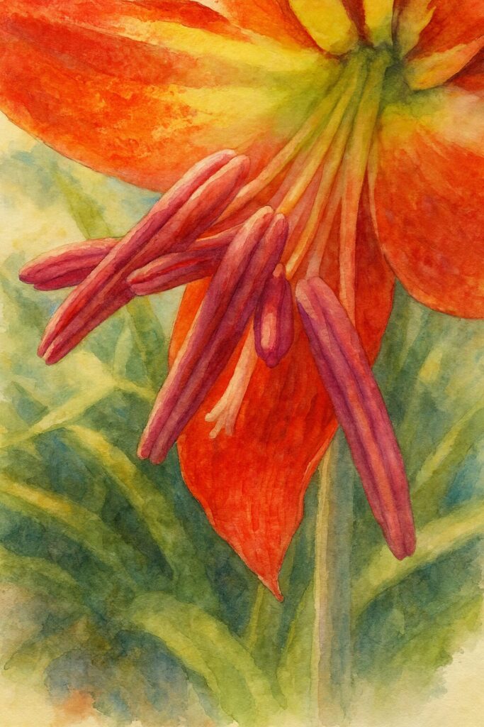 鮮やかな赤いアマリリスを柔らかいタッチで表現した水彩画イラスト