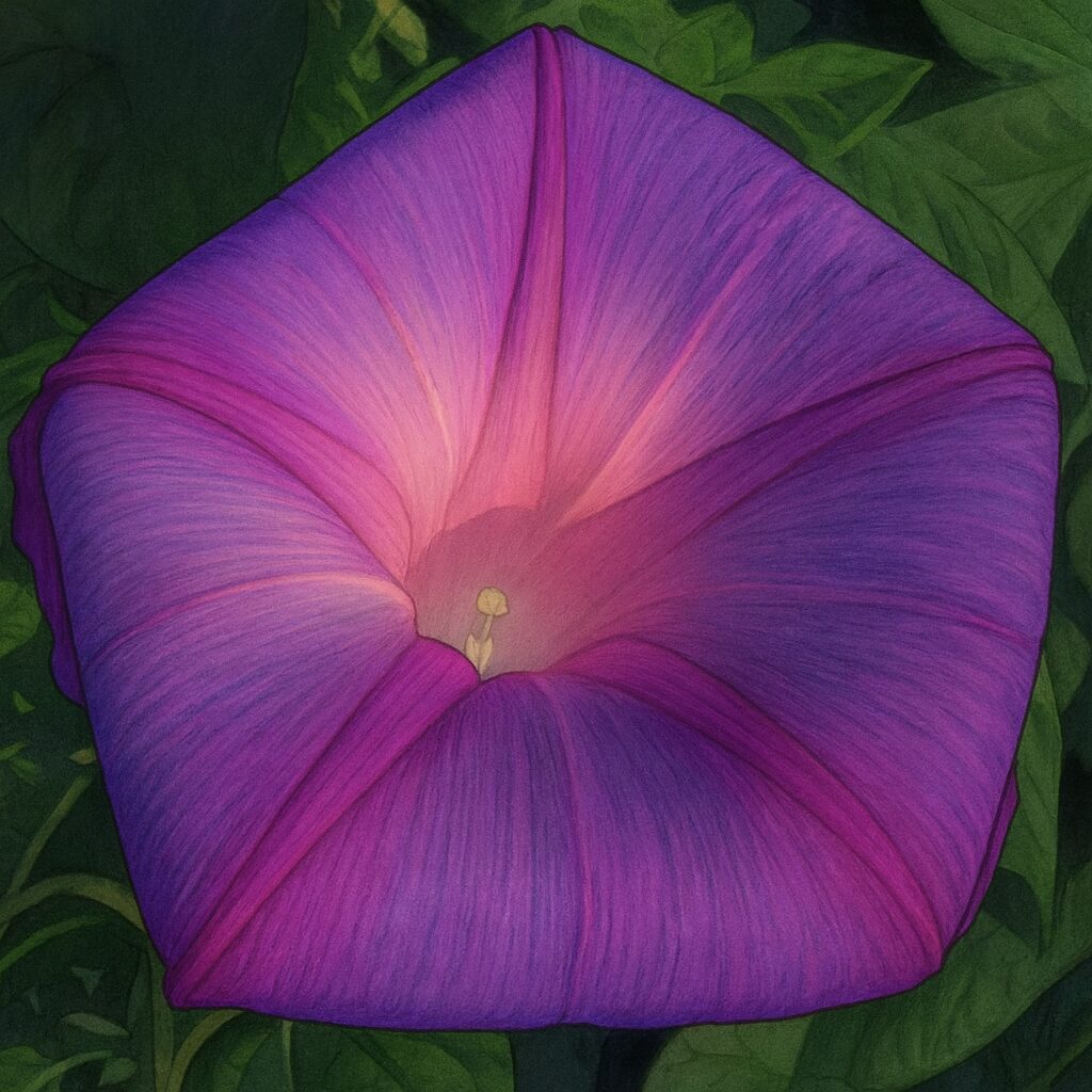 星形のフォルムを持つ紫色のノアサガオの花を精密に描いたプロレベルの植物イラスト