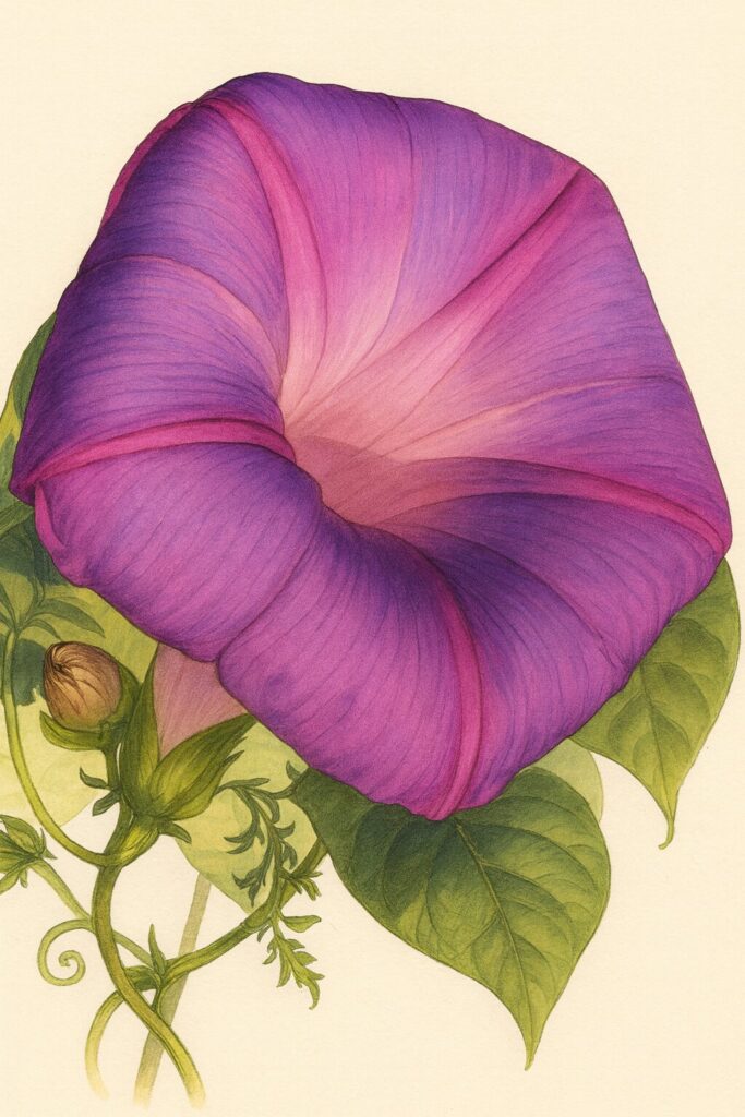 紫からピンクにグラデーションするノアサガオの花を精密に描いたプロレベルの植物イラスト