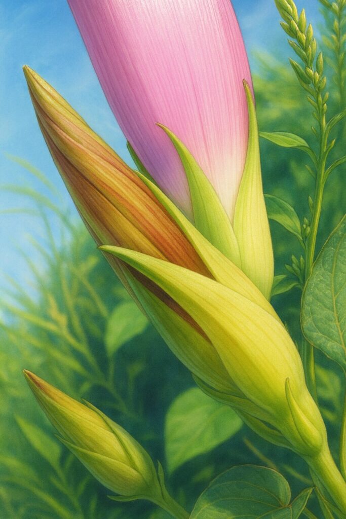 青空を背景にノアサガオのつぼみと咲きかけの花を精密に描いたプロレベルの植物イラスト