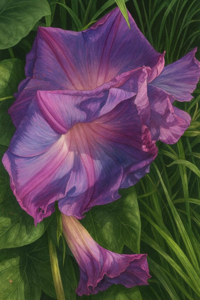 咲ききった紫色のノアサガオの花を写実的に描いたプロレベルの植物イラスト