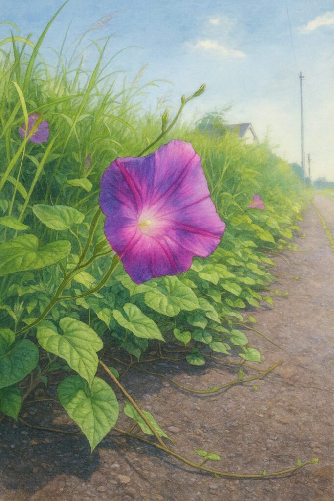 道路脇に咲く紫色のノアサガオを青空と緑の草を背景に描いたプロレベルの植物イラスト