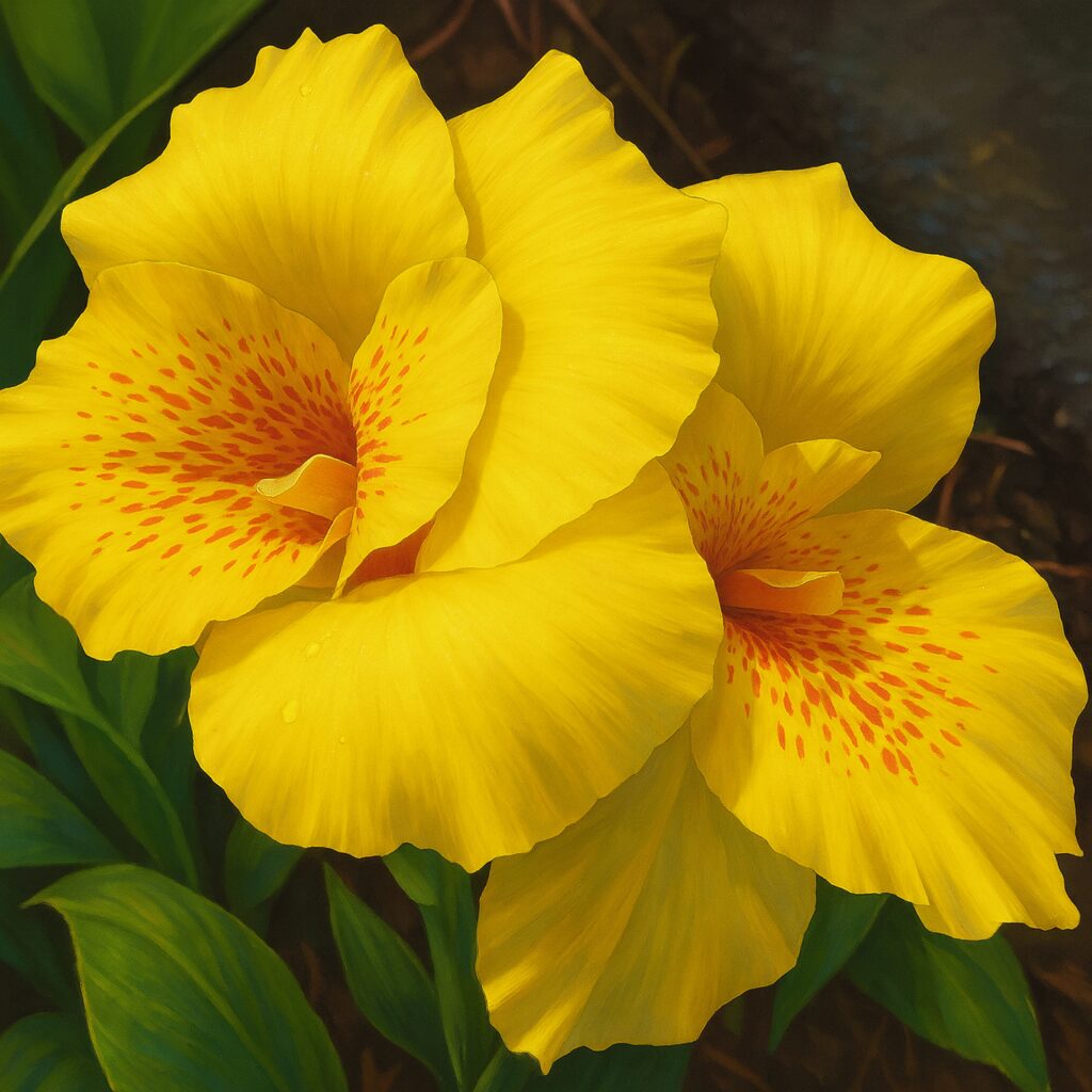 黄色いカンナの花を描いたプロレベルのイラスト、赤い斑点模様が際立つ2輪の花のアップ