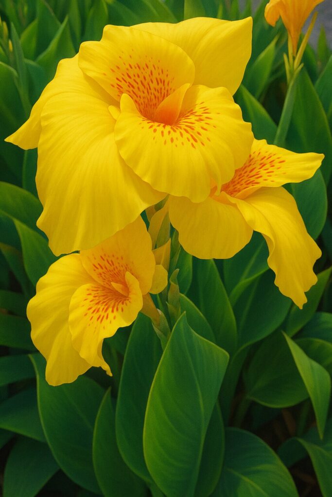 黄色いカンナの花を描いたプロレベルのイラスト、赤い斑点模様と緑の葉が調和する美しい花姿