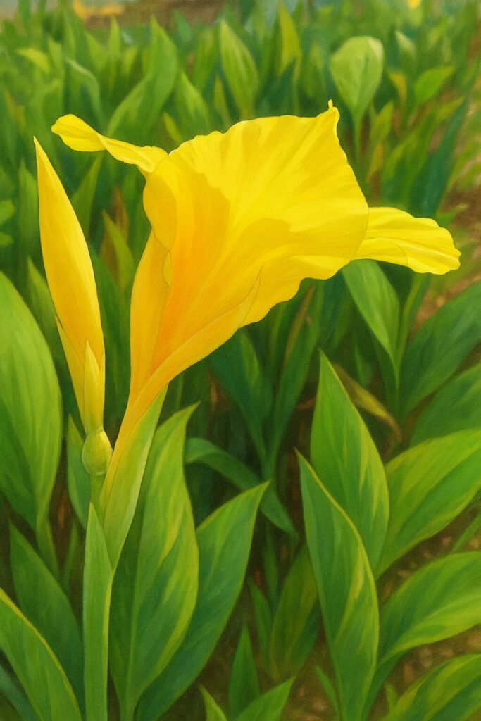 黄色いカンナの花とつぼみを描いたプロレベルのイラスト、鮮やかな緑の葉と調和する花姿
