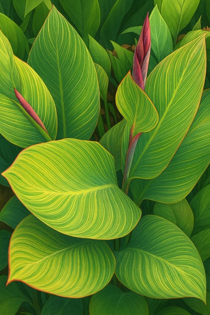 カンナの縞模様の葉とつぼみを描いたプロレベルのイラスト、鮮やかな緑と赤みのコントラストが映える植物画