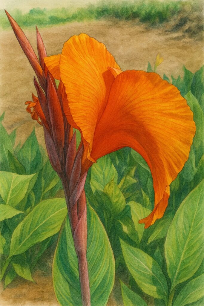 植物図鑑風イラストで描かれたオレンジ色のカンナの花と緑の葉