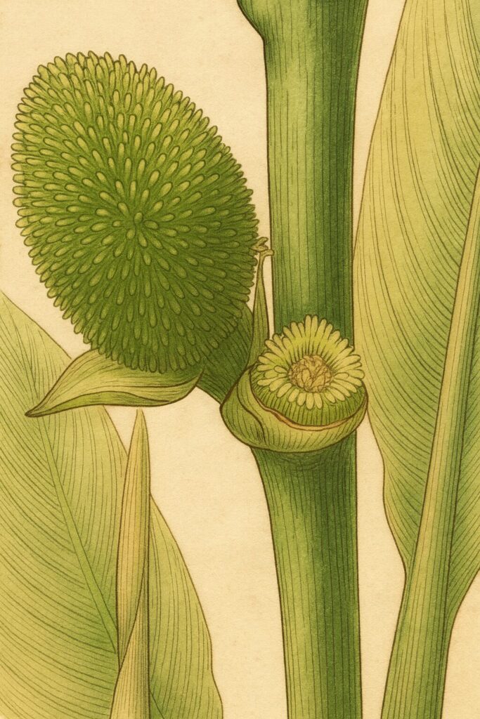 植物図鑑風に描かれたカンナの緑色の実と茎の詳細イラスト