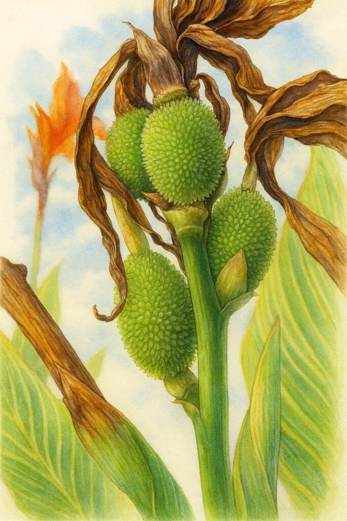 植物図鑑風に描かれたカンナの緑色の果実と茶色に枯れた苞葉のイラスト