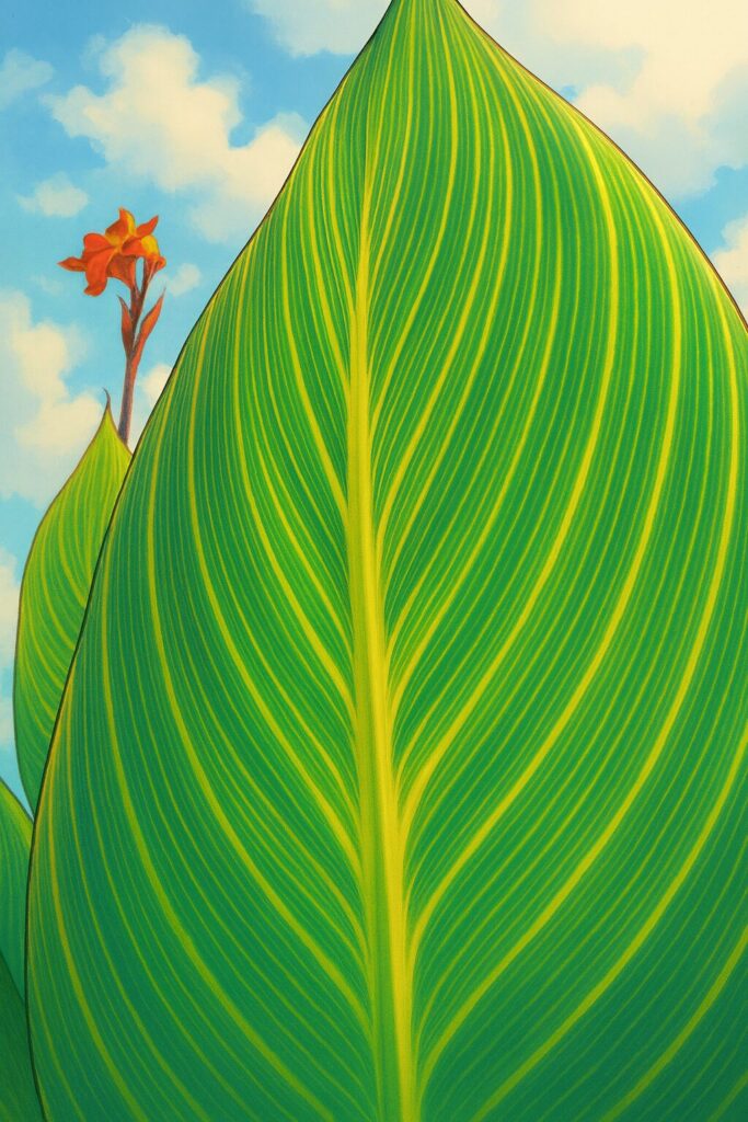 デジタルアートで描かれたカンナの縞模様の葉と背景に咲く赤い花のイラスト