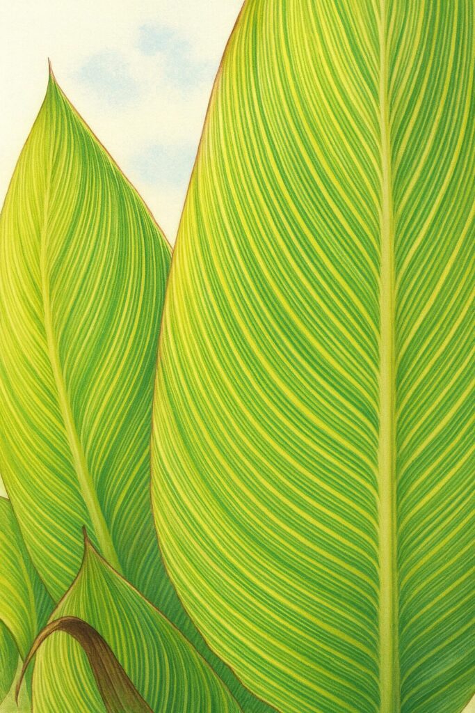 カンナの葉を描いたボタニカルアート風イラスト、緑と黄色の縞模様が鮮やかに表現された植物の葉