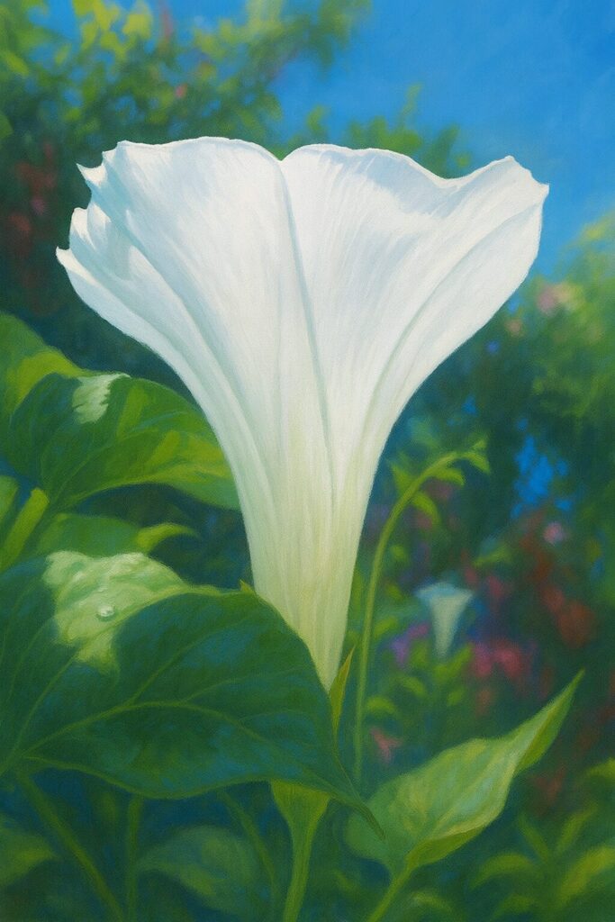 青空と緑の葉に映える白いアサガオの花を描いたリアルなデジタルイラスト