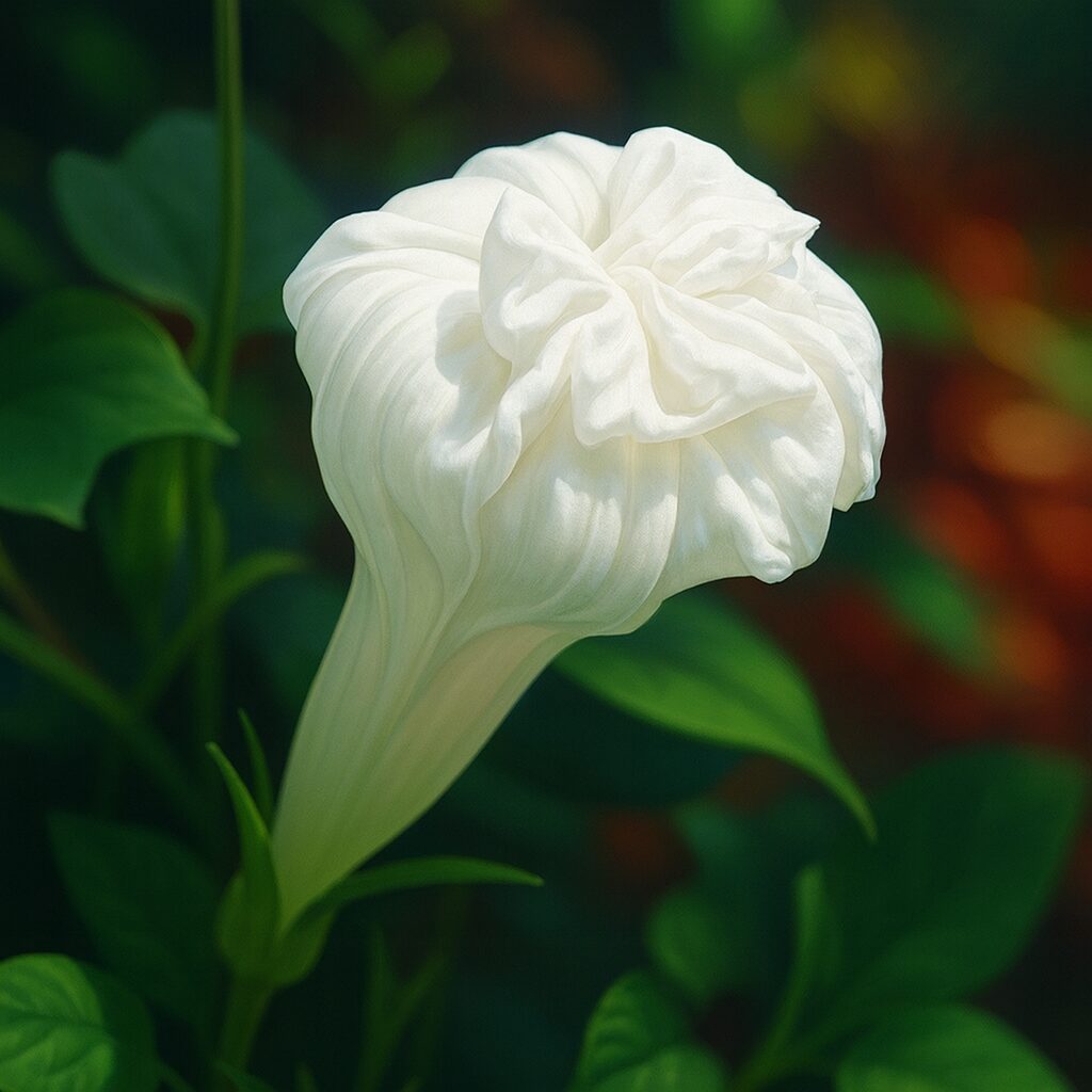 緑の葉と背景に映える白いアサガオのつぼみを描いたリアルなデジタルイラスト