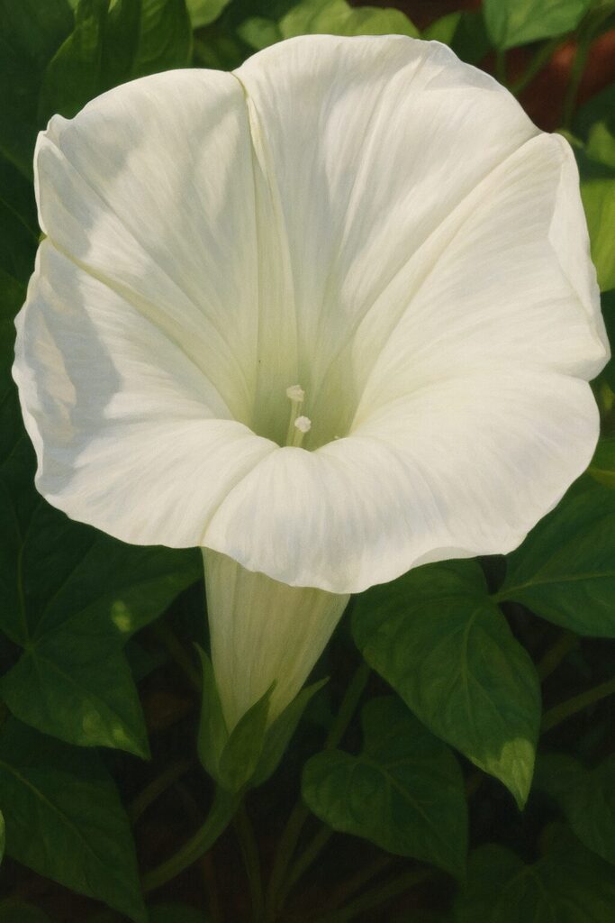 緑の葉の中で白いアサガオの花をリアルに描いたデジタルイラスト