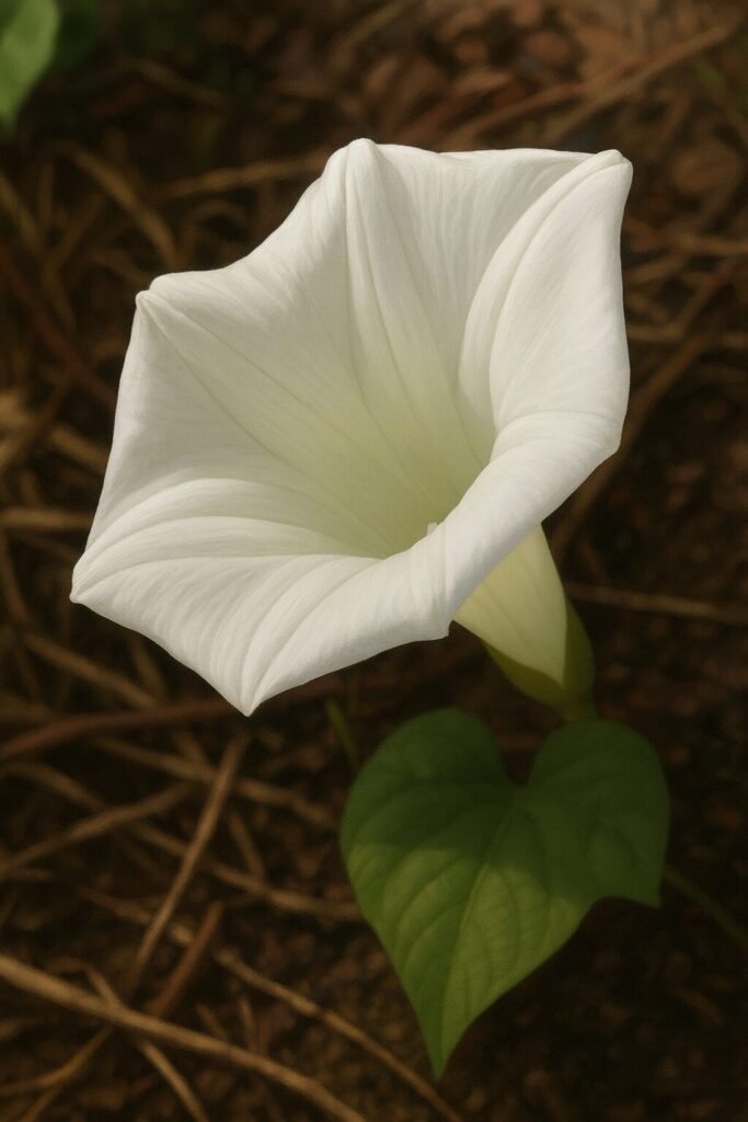 白いアサガオの花を地面近くに描いたリアルなデジタルイラスト
