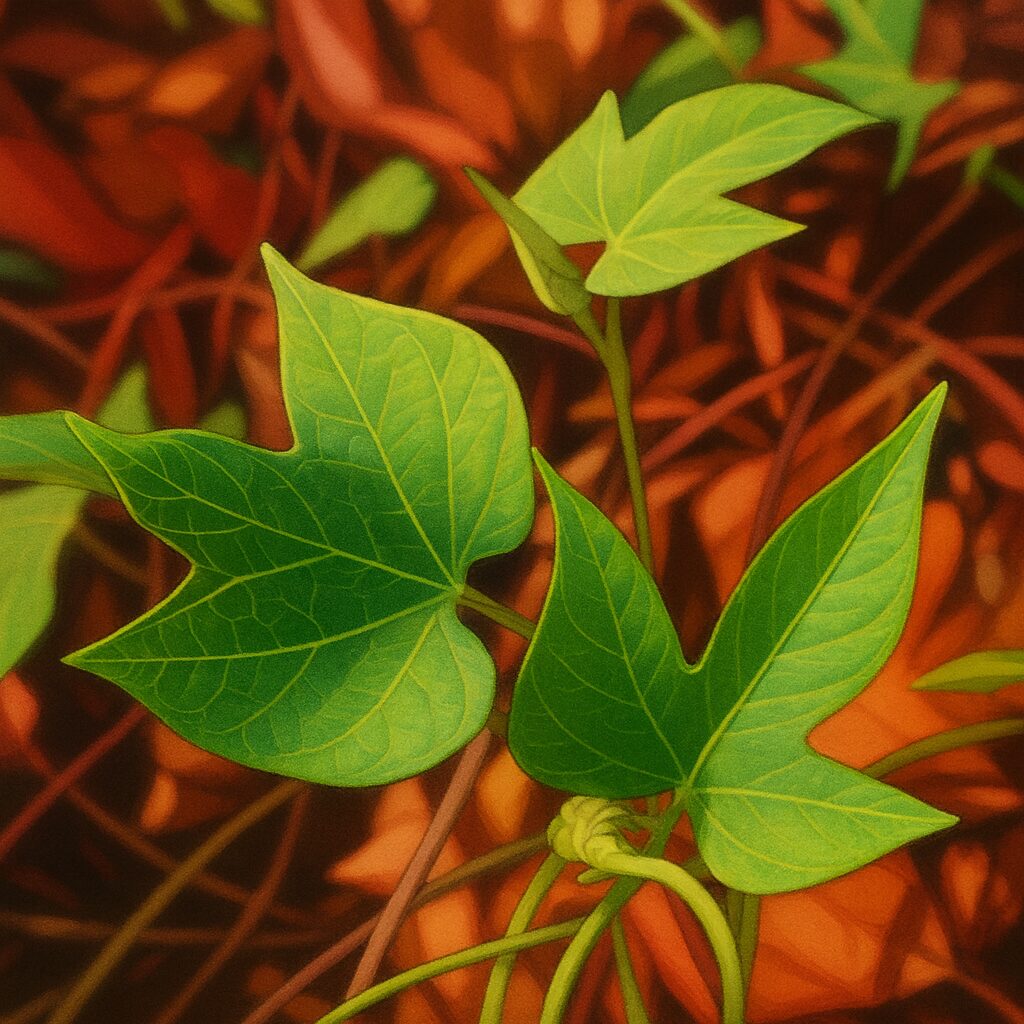 アサガオの若葉をリアルに描いたボタニカルイラスト｜緑の葉脈と秋色の背景が映える朝顔の葉