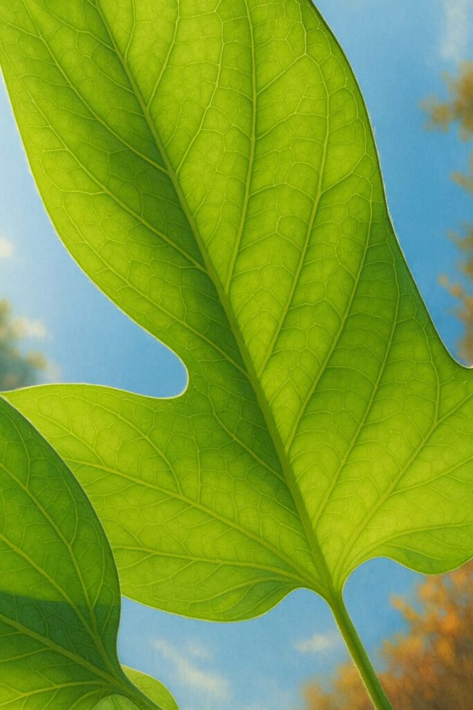青空を背景に描かれたアサガオの葉のボタニカルイラスト｜光に透けた葉脈が美しい朝顔のリアルイラスト
