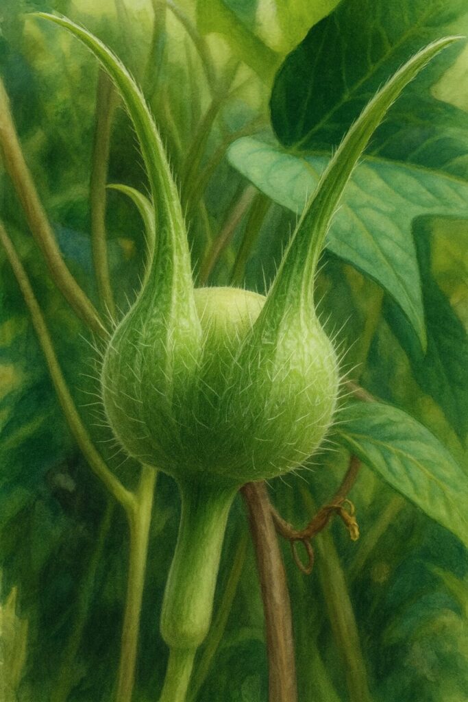 アサガオの実をリアルに描いたボタニカルイラスト｜細かな毛と緑の萼片が特徴的な朝顔の果実