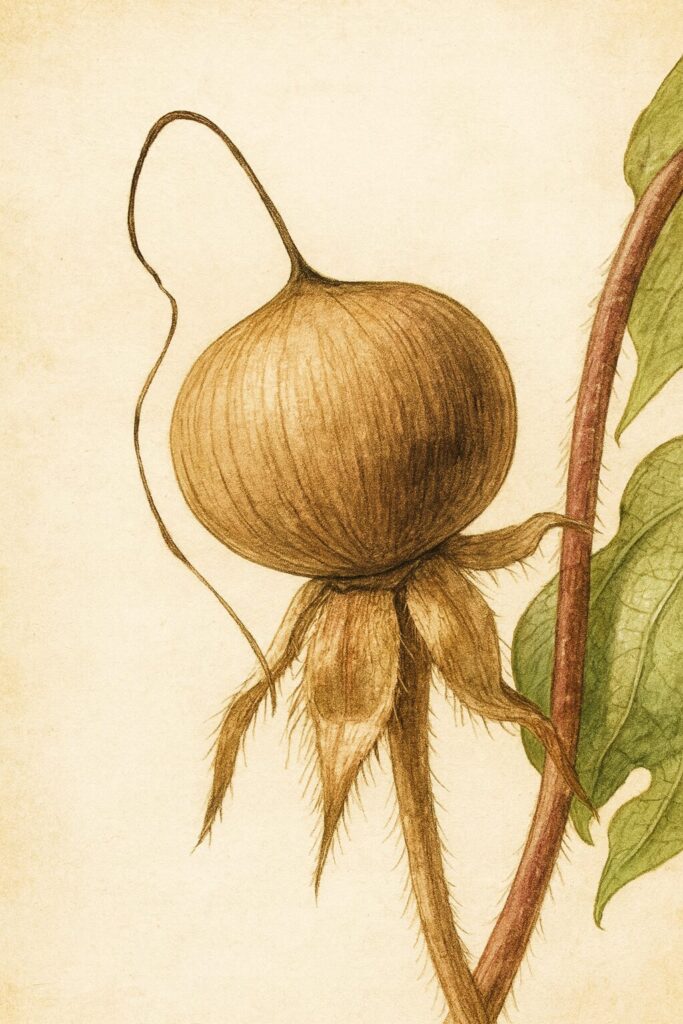 アサガオの熟した実を描いたボタニカルイラスト｜茶色い果実と乾いた萼片をリアルに表現した朝顔の種子