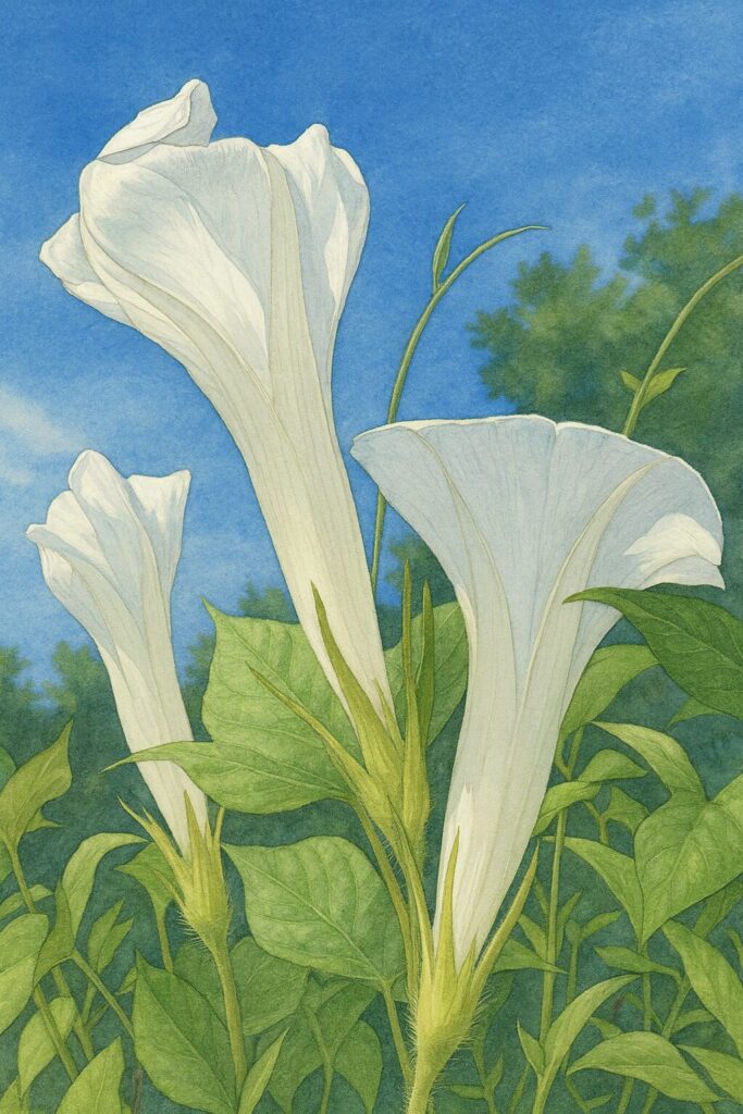 白いアサガオの花を描いたボタニカルイラスト｜青空と緑を背景にした朝顔のリアルイラスト